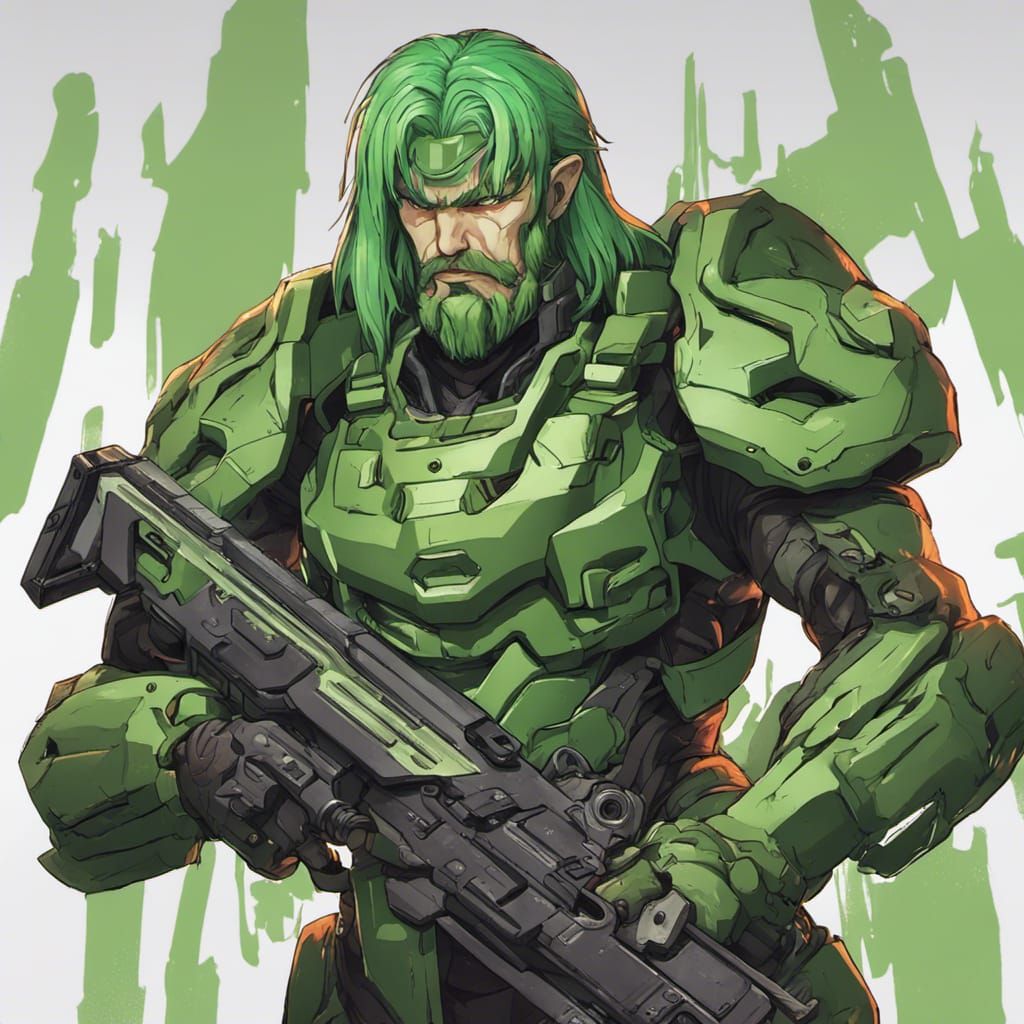 Green-Haired Warrior in Anime Style Armor