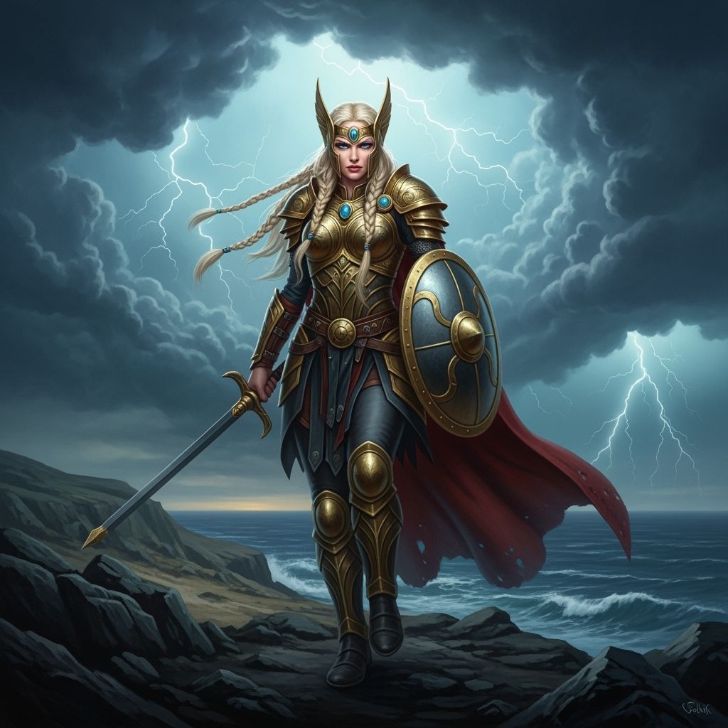 Norse Goddess on Cliff Overlooking Stormy Sea