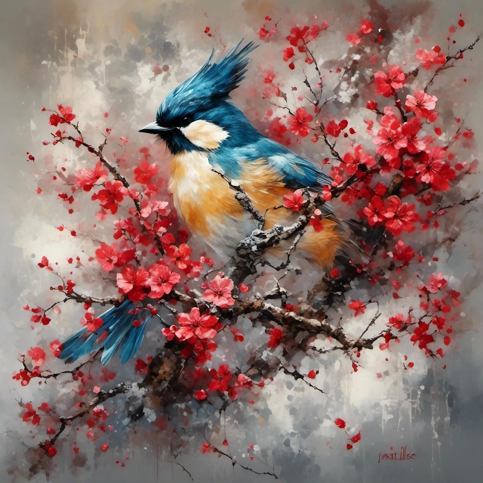 Blue Bird Amidst Red Blossoms