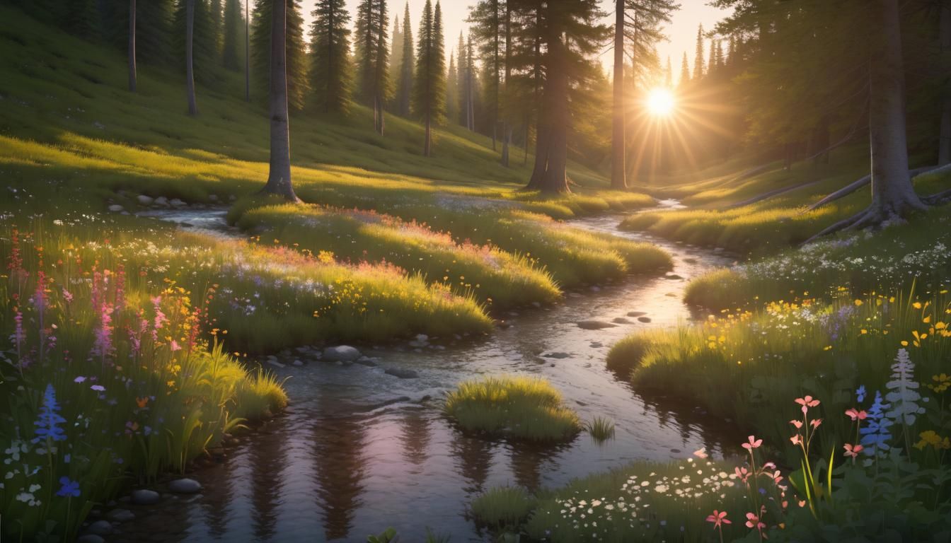 Lush Forest Valley in Springtime Magic Hour