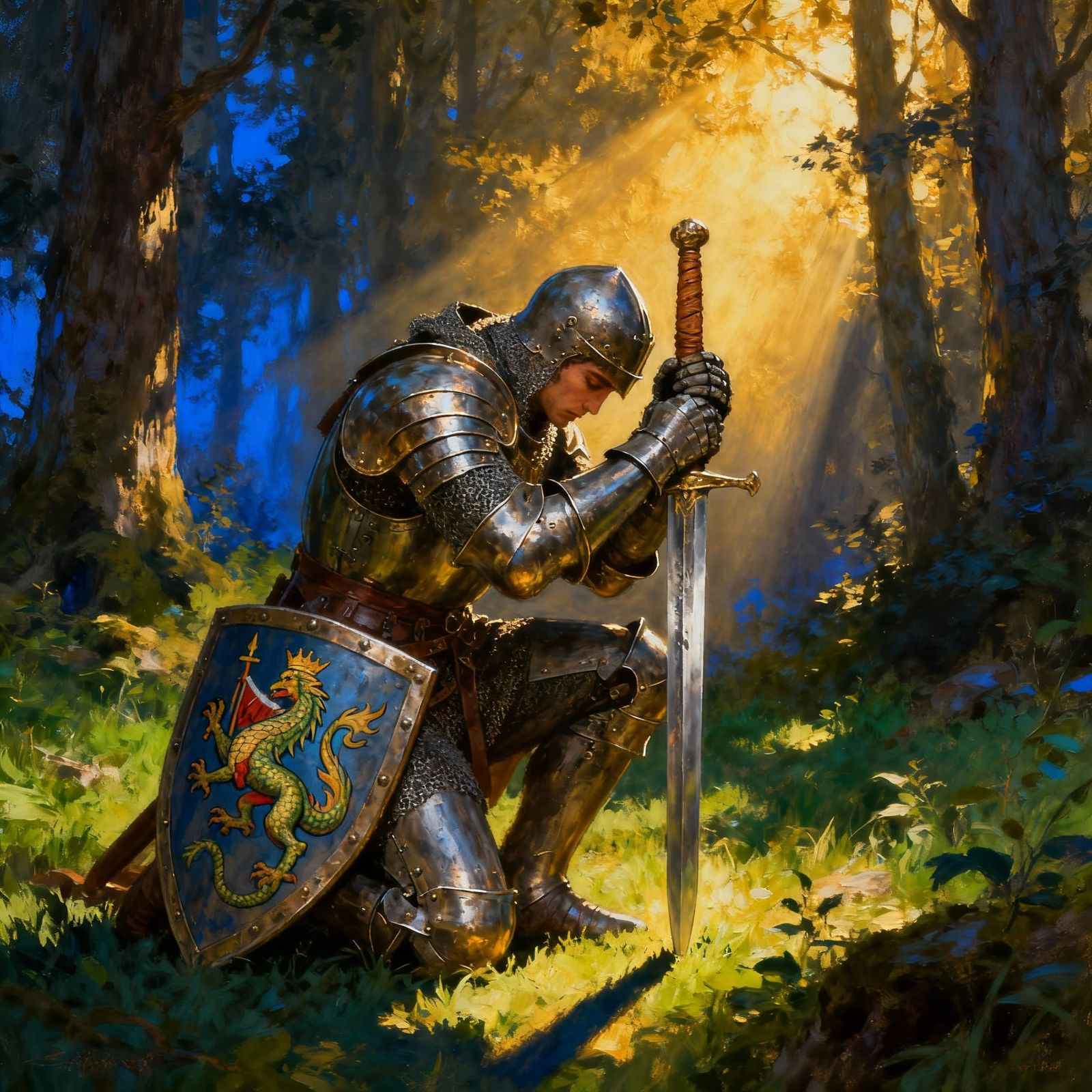 Medieval Knight Kneels in Prayer with Sword and Shield