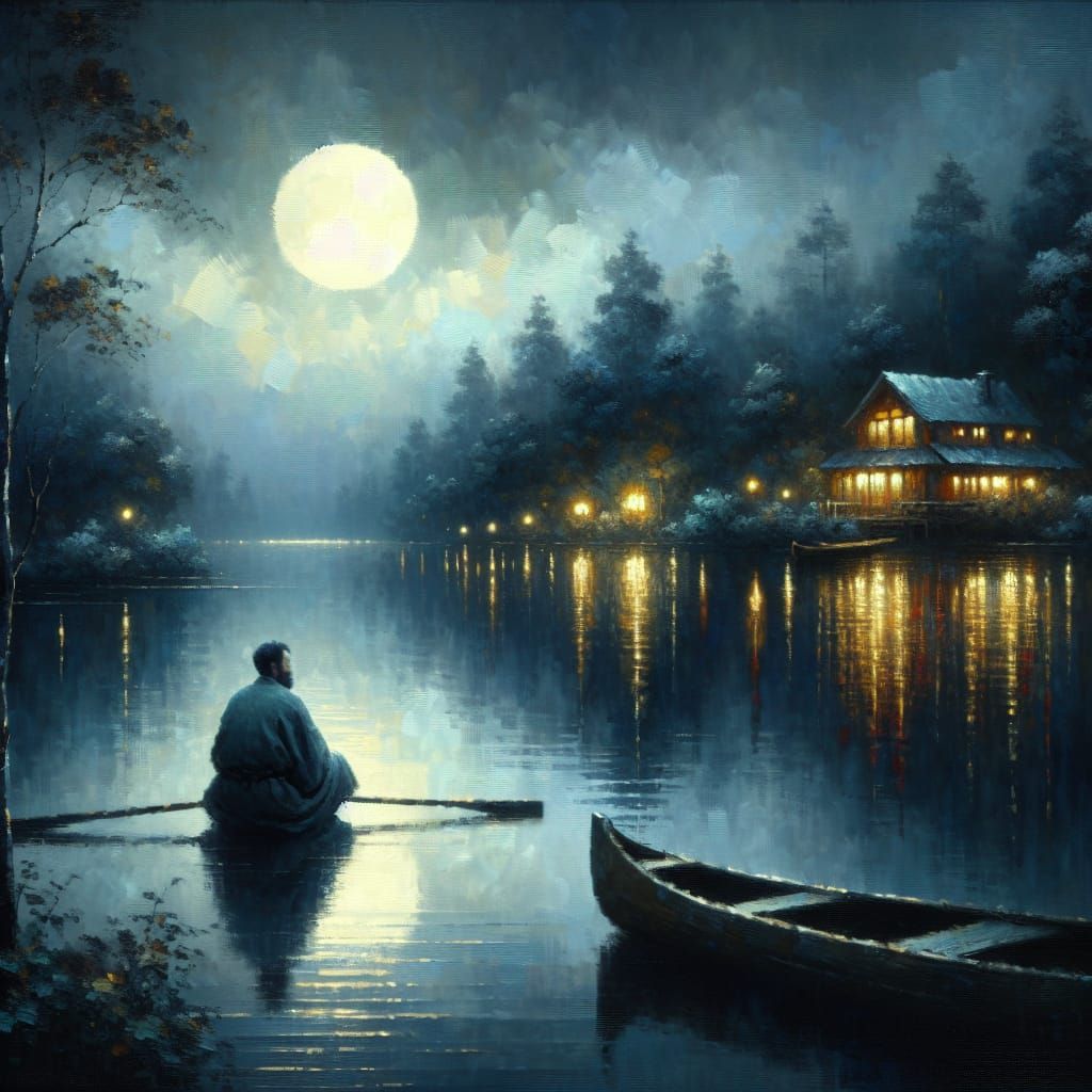Impressionistic Painting of Serene Lake at Night