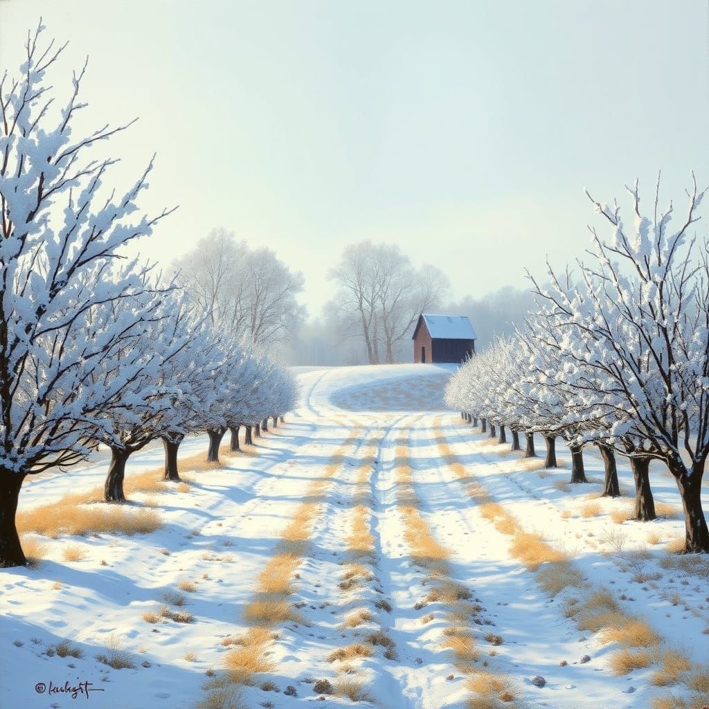 Winter Apple Orchard Landscape in Impressionistic Style