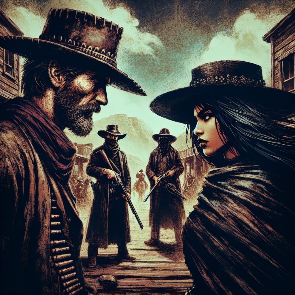 Dramatic imagery illustrating an intense showdown at high noon in the Old Wild West. A standoff brings tension, featurin...