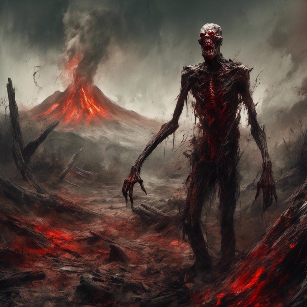 Macabre Figure Rises from Erupting Volcano