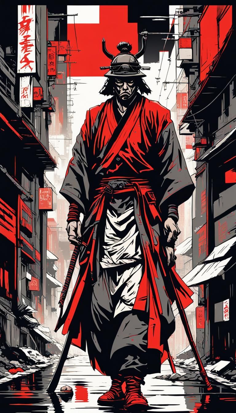 Samurai Warrior in Cyberpunk Street Art Style