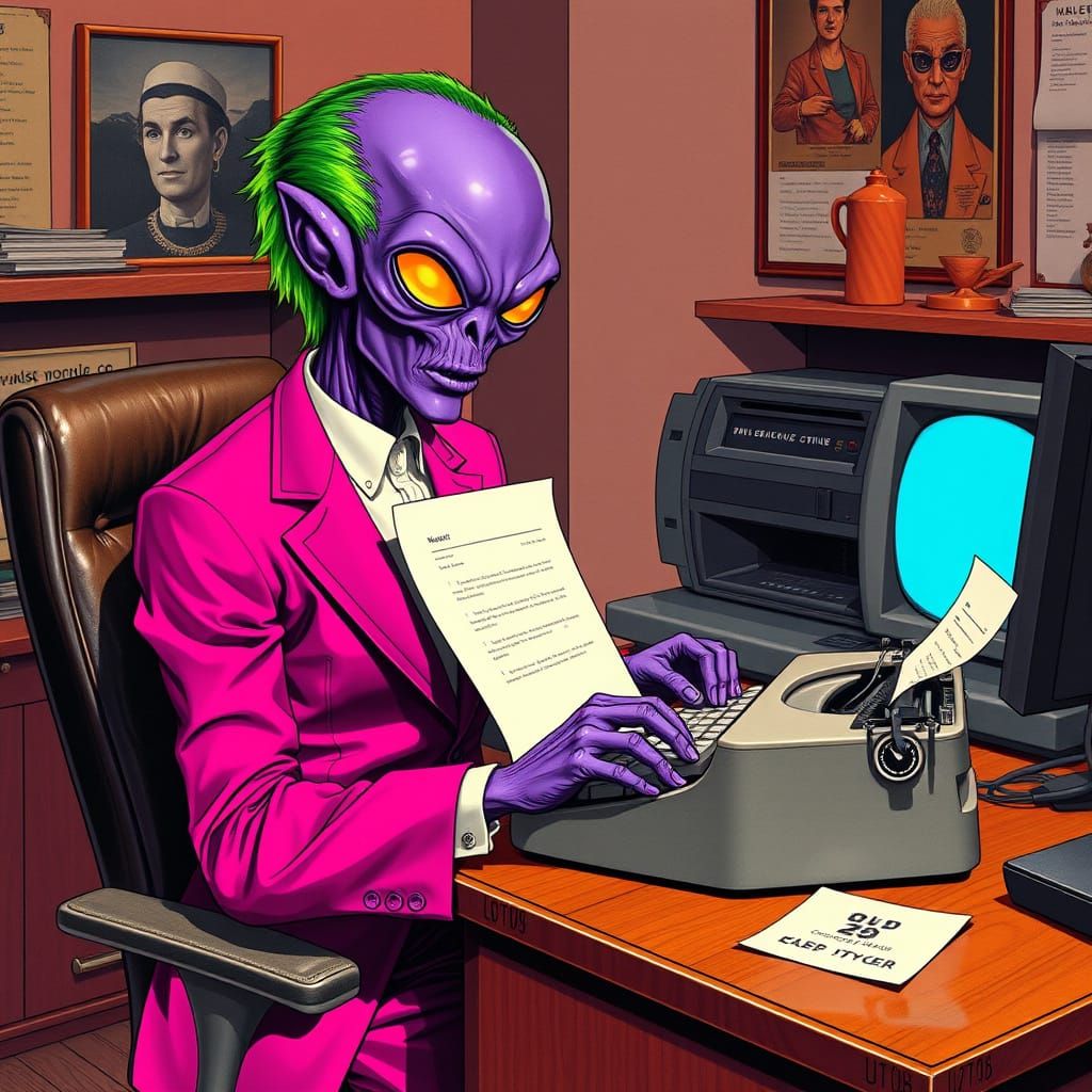 Retro-Futuristic Office Scene with Alien Executive