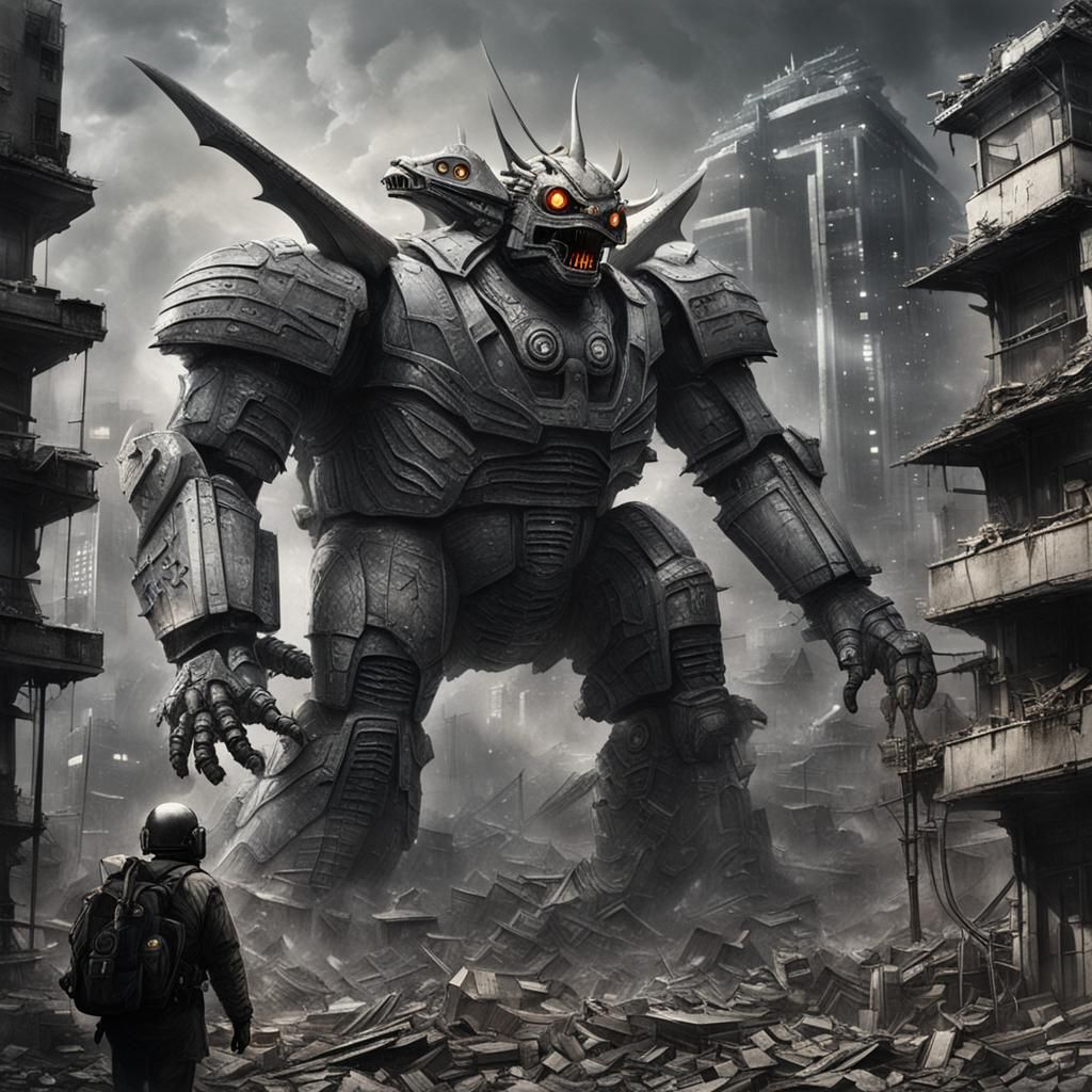 Mechagodzilla vs Mothra in Tokyo, H.R. Giger Style