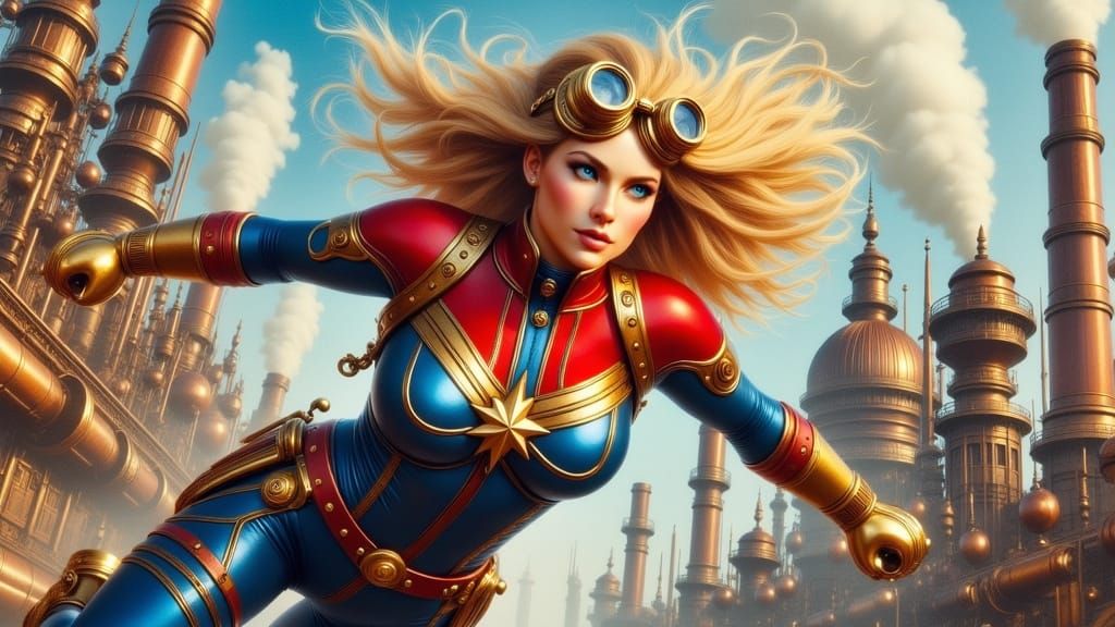 Steampunk Captain Marvel soars through a Victorian-era indus...