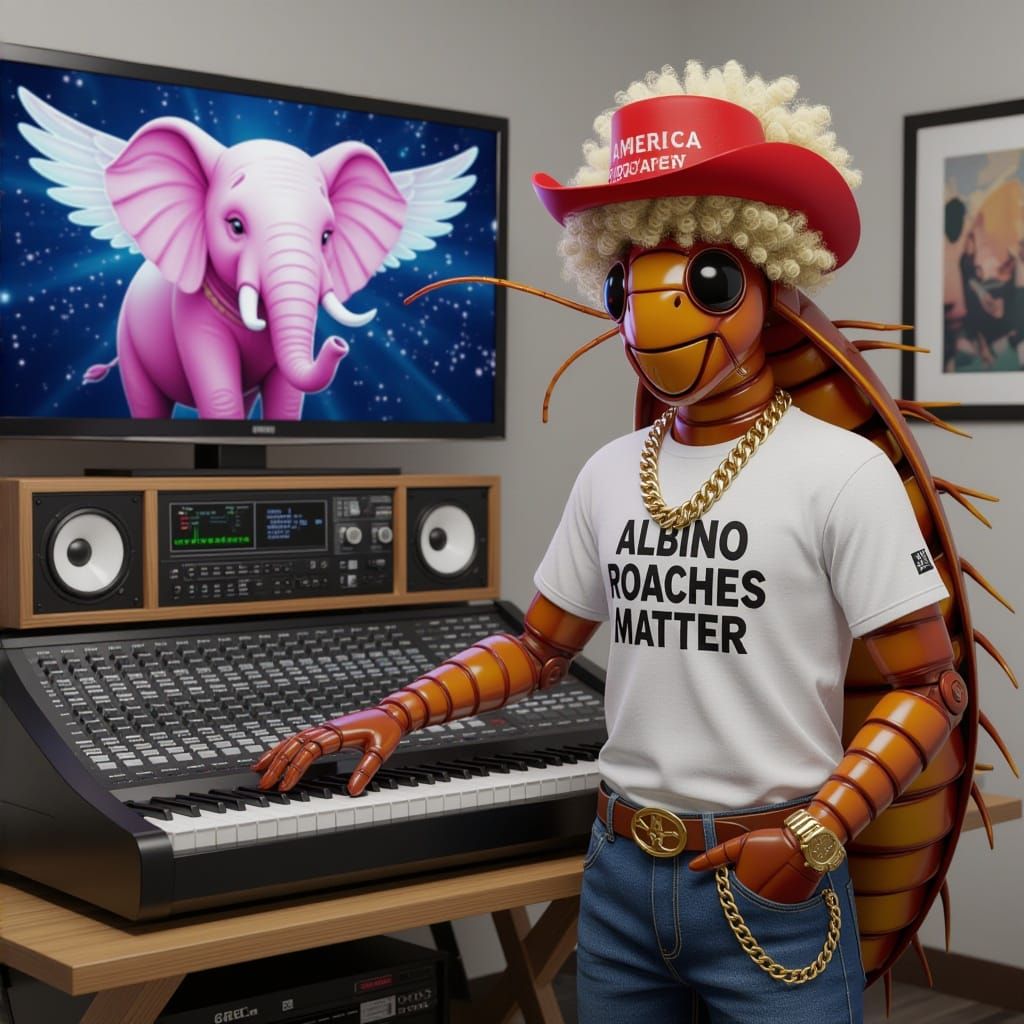 Humanoid Roach Rapper with Gold Chains and Afro