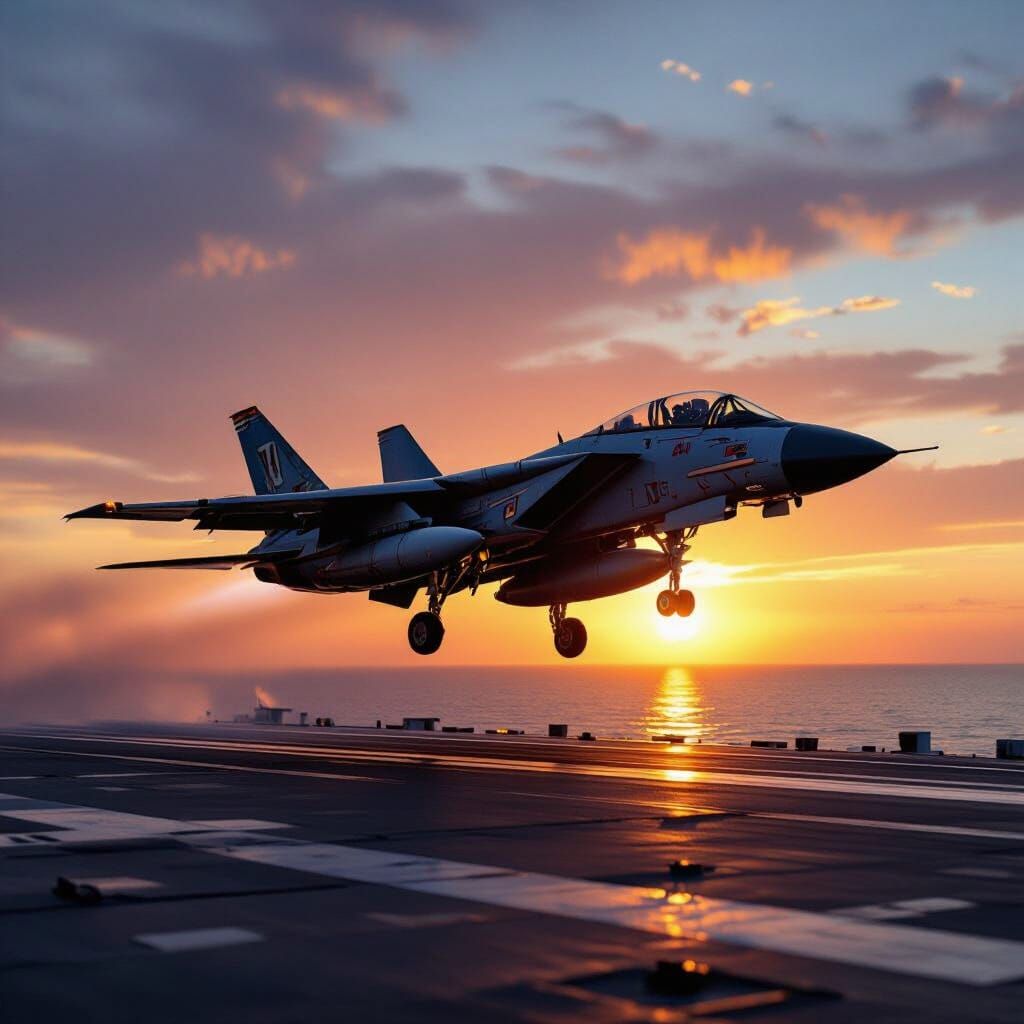 F-14 Tomcat Takes Off Aircraft Carrier at Sunset