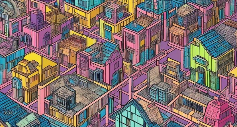 Cities of houses, close-up architecture, by Jinhwa Jang, Butcher Billy, David Sossella, colourful, neon, game-like or mo...