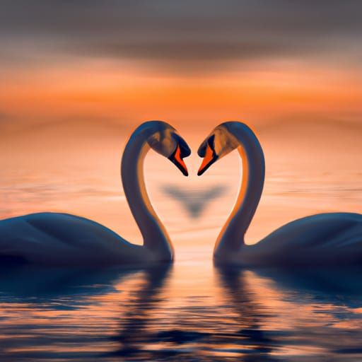 Swans Create Heart at Sunset: Digital Painting