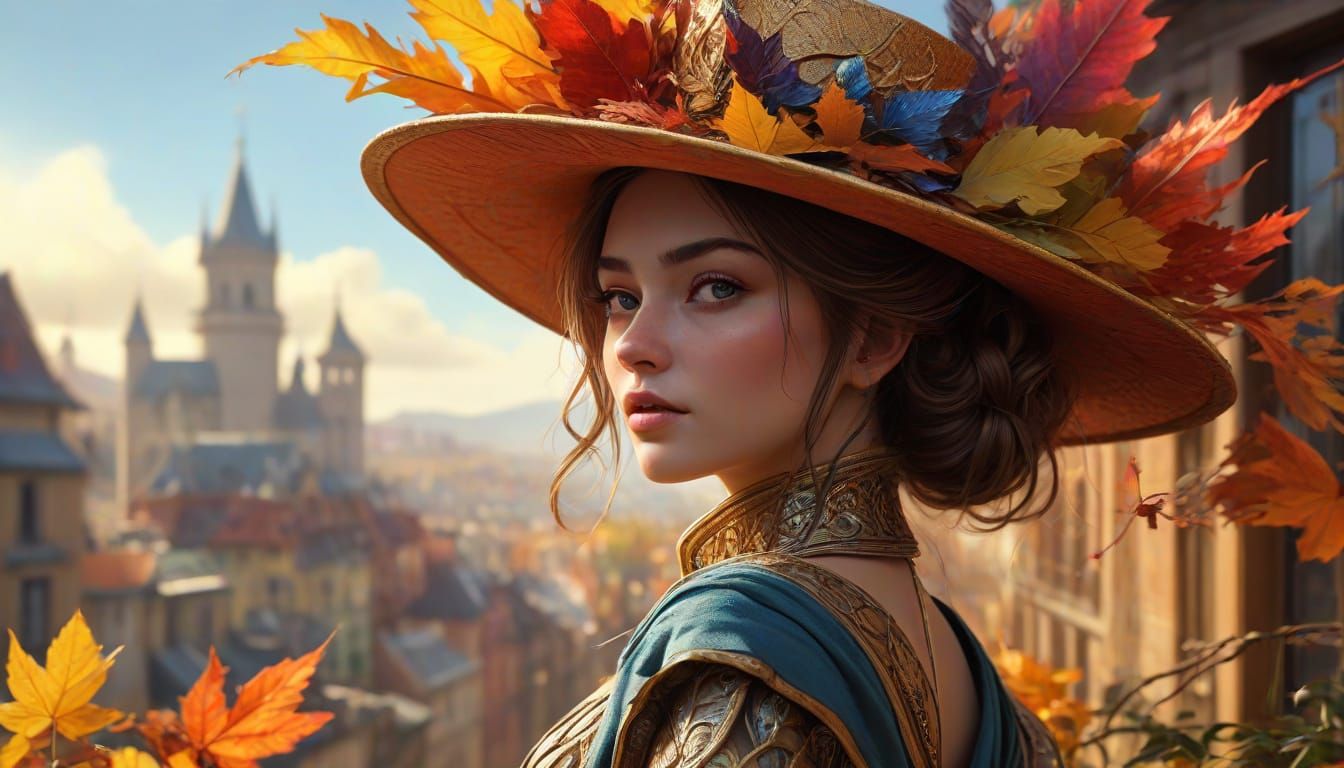 Whimsical Queen in Autumn Leaf Hat Over Fantasy City