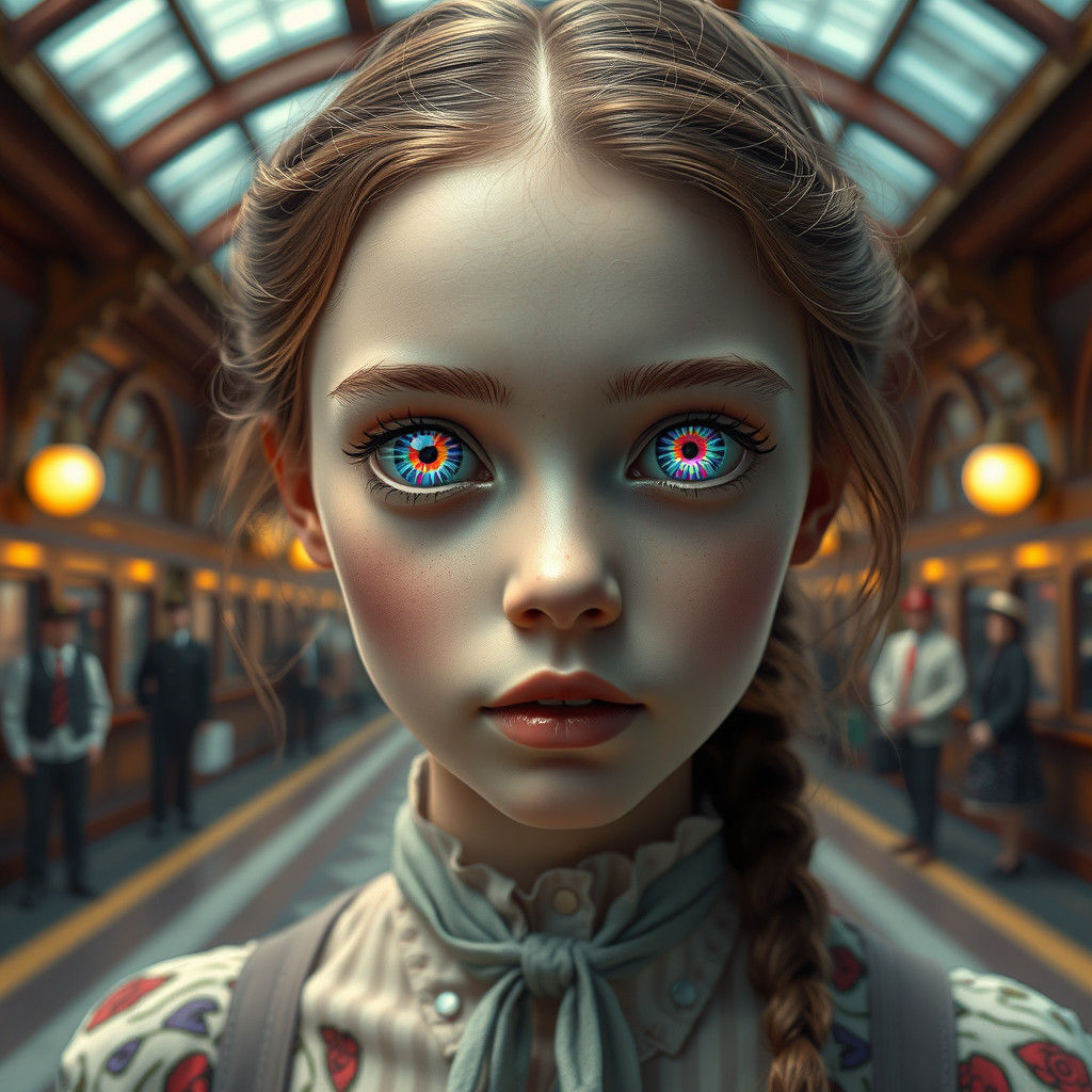 Girl with Kaleidoscope Eyes in Surreal Station
