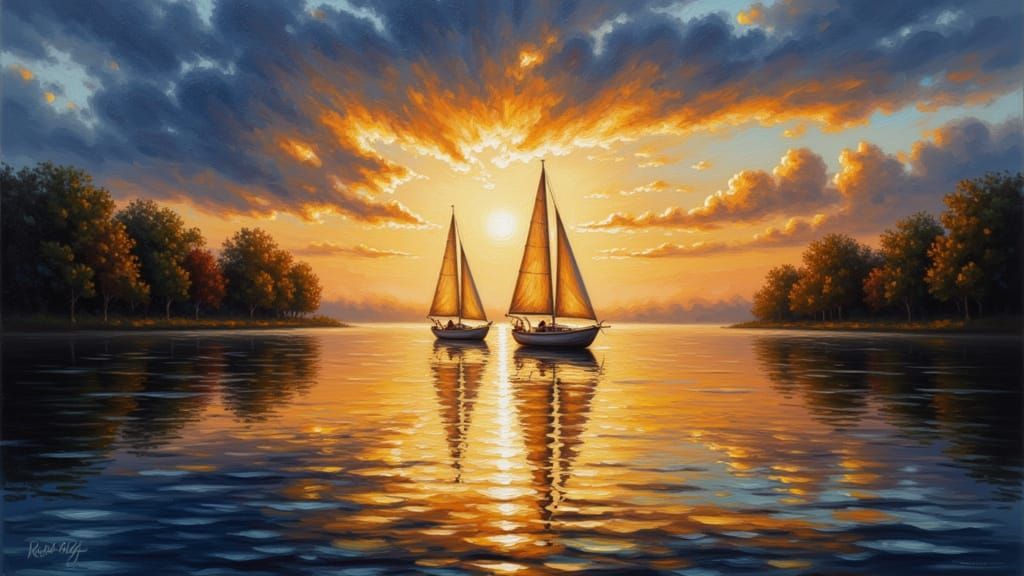 Sailboats on Crystal Lake at Sunset