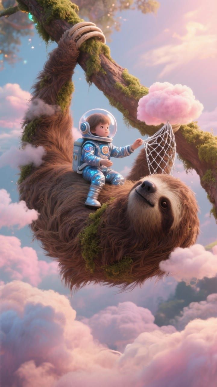 Colossal Sloth and Astronaut Child with Cloud Net