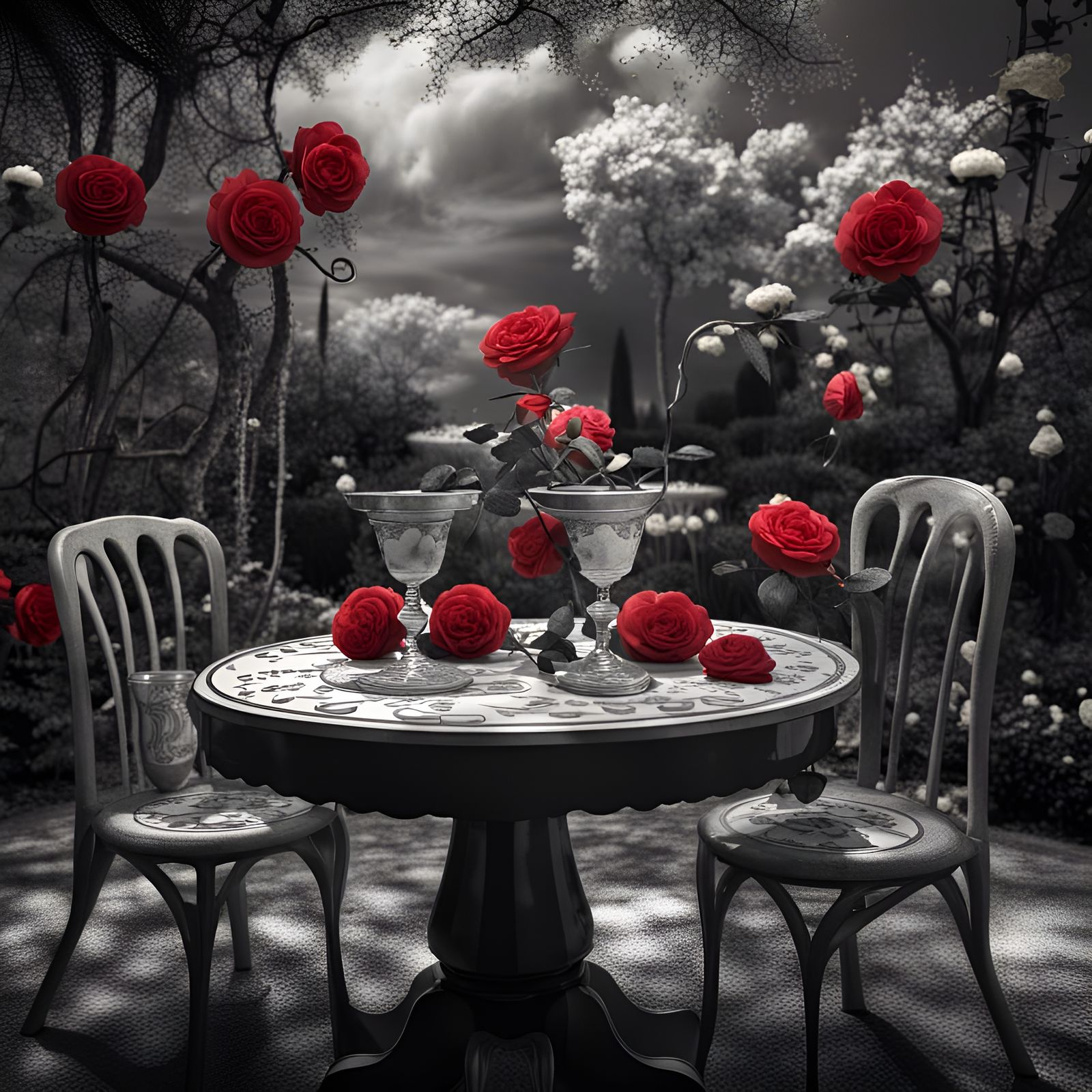 Red Roses in Black and White Garden