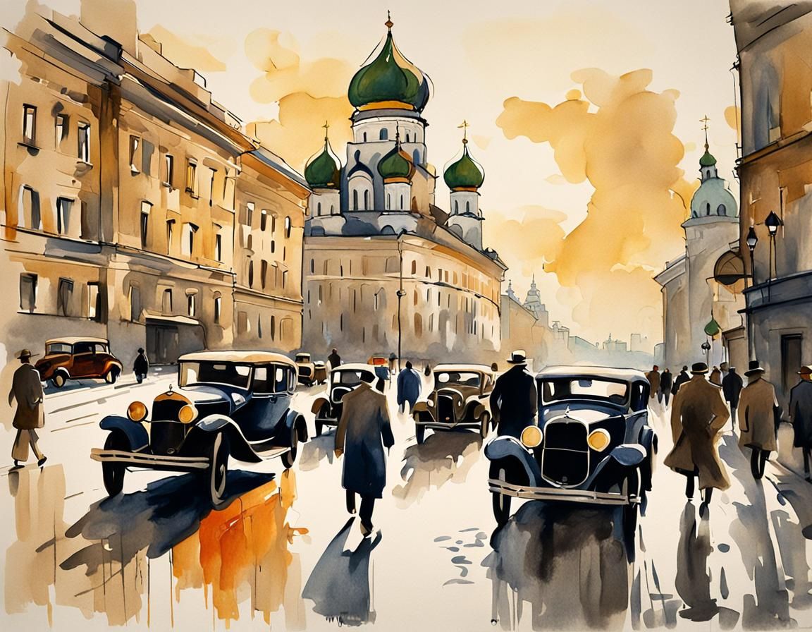 1920s Moscow Street Scene in Expressionist Style