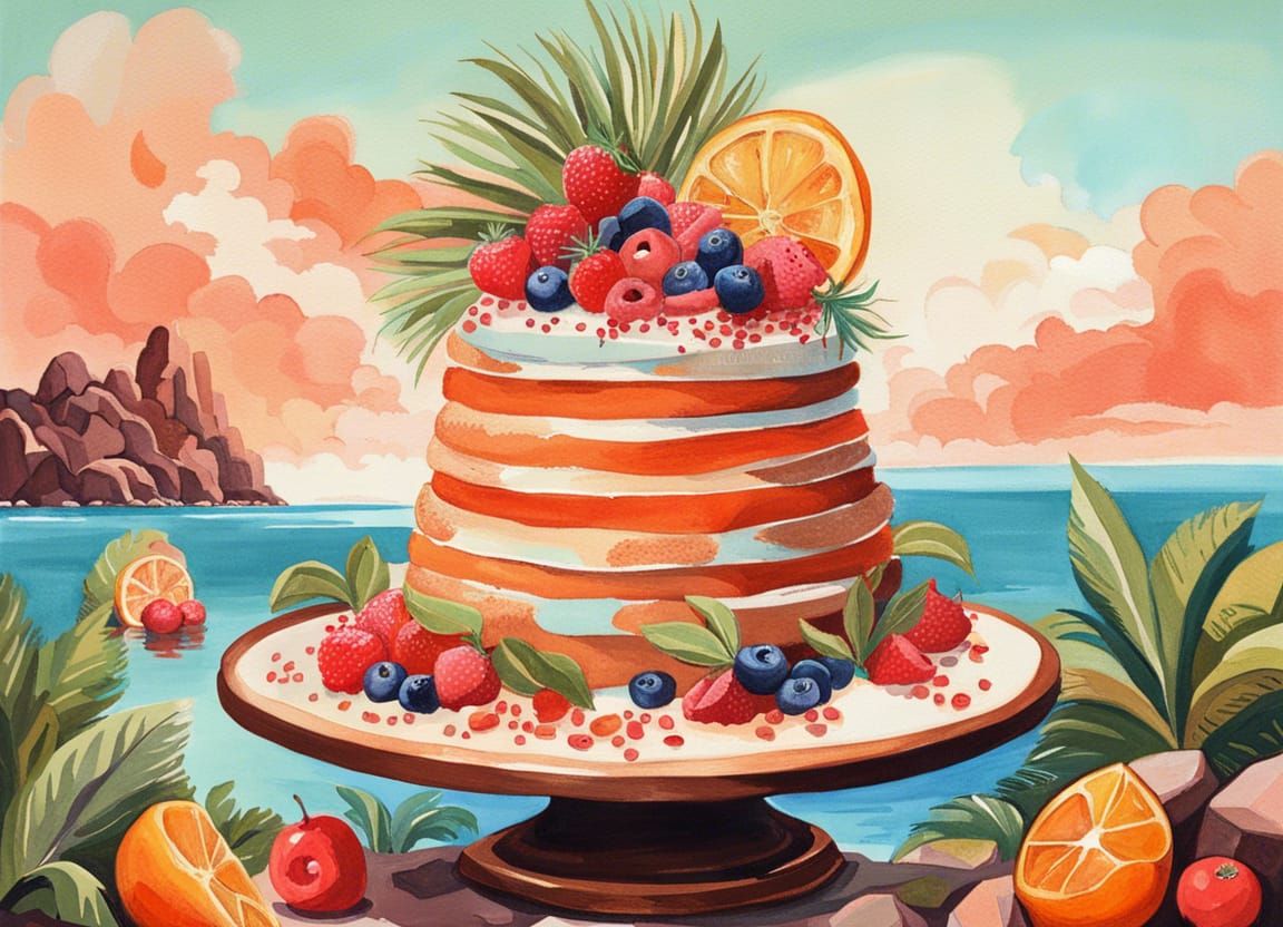 Elegant Dessert Island in Gouache Style