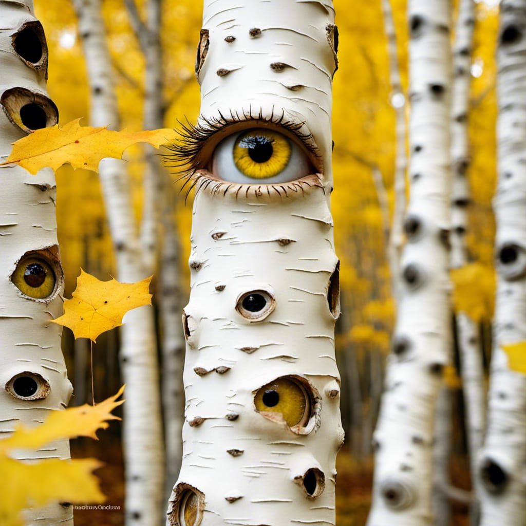 Surreal Eyeball Trees in Autumn Forest