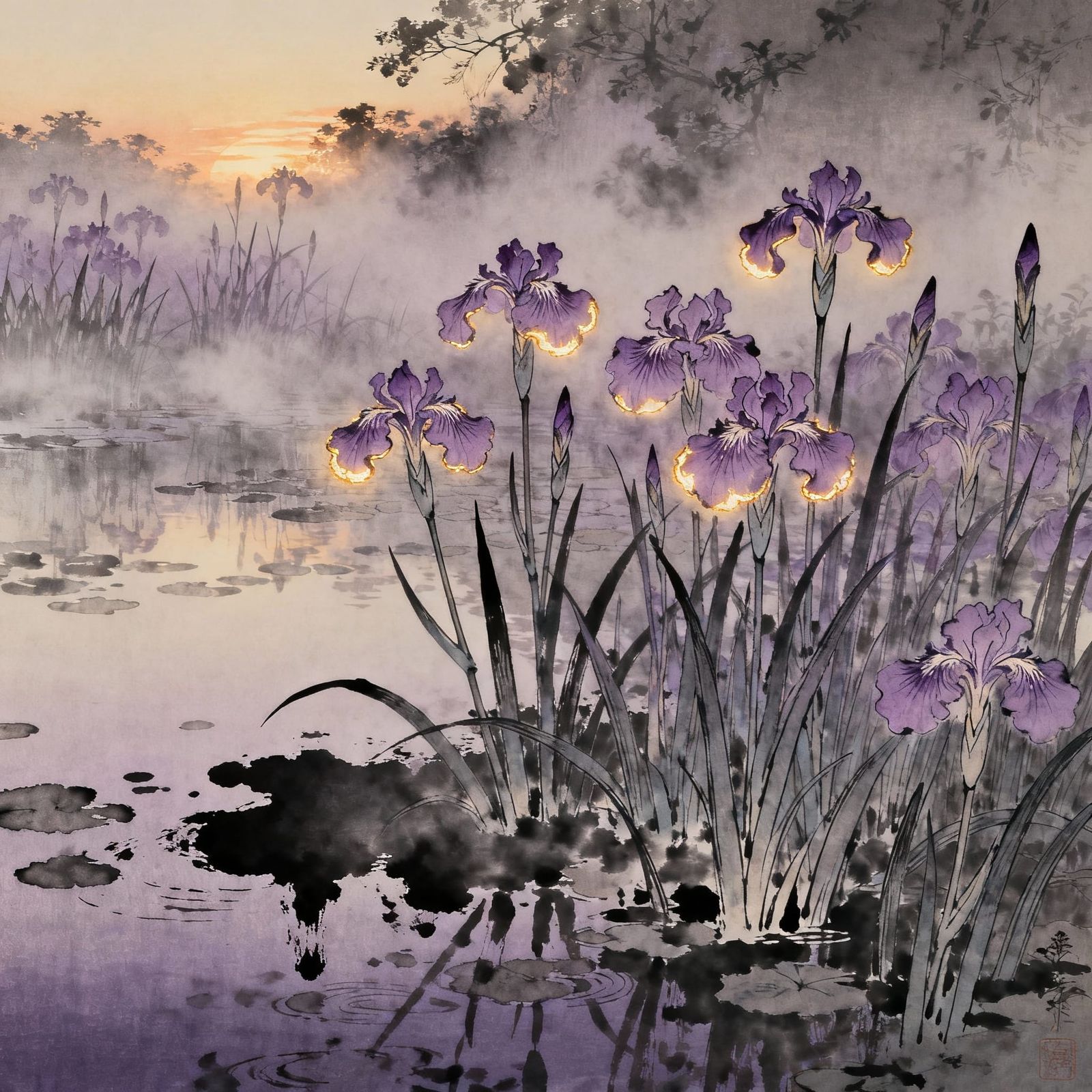 Ukiyo-e Iris Bloom on Misty Pond