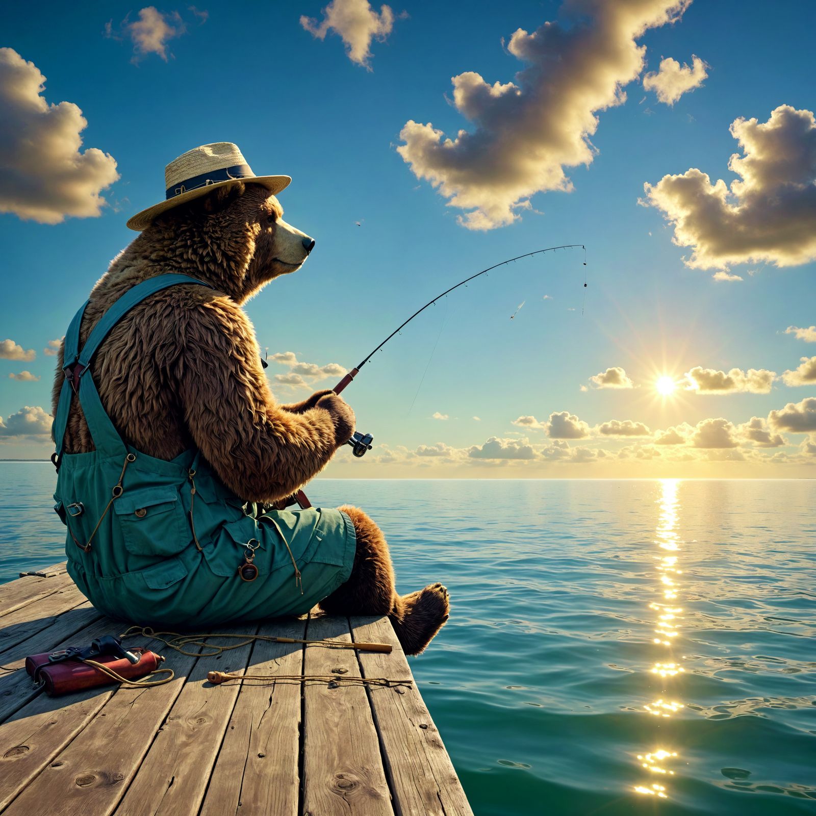 Bear in Fishing Outfit on Sunny Dock