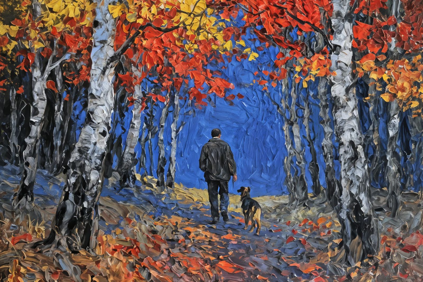 Man and Dog in Vibrant Autumn Forest Painting