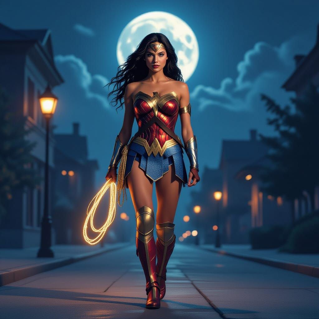 Wonder Woman Under the Moon in Atmospheric Lighting