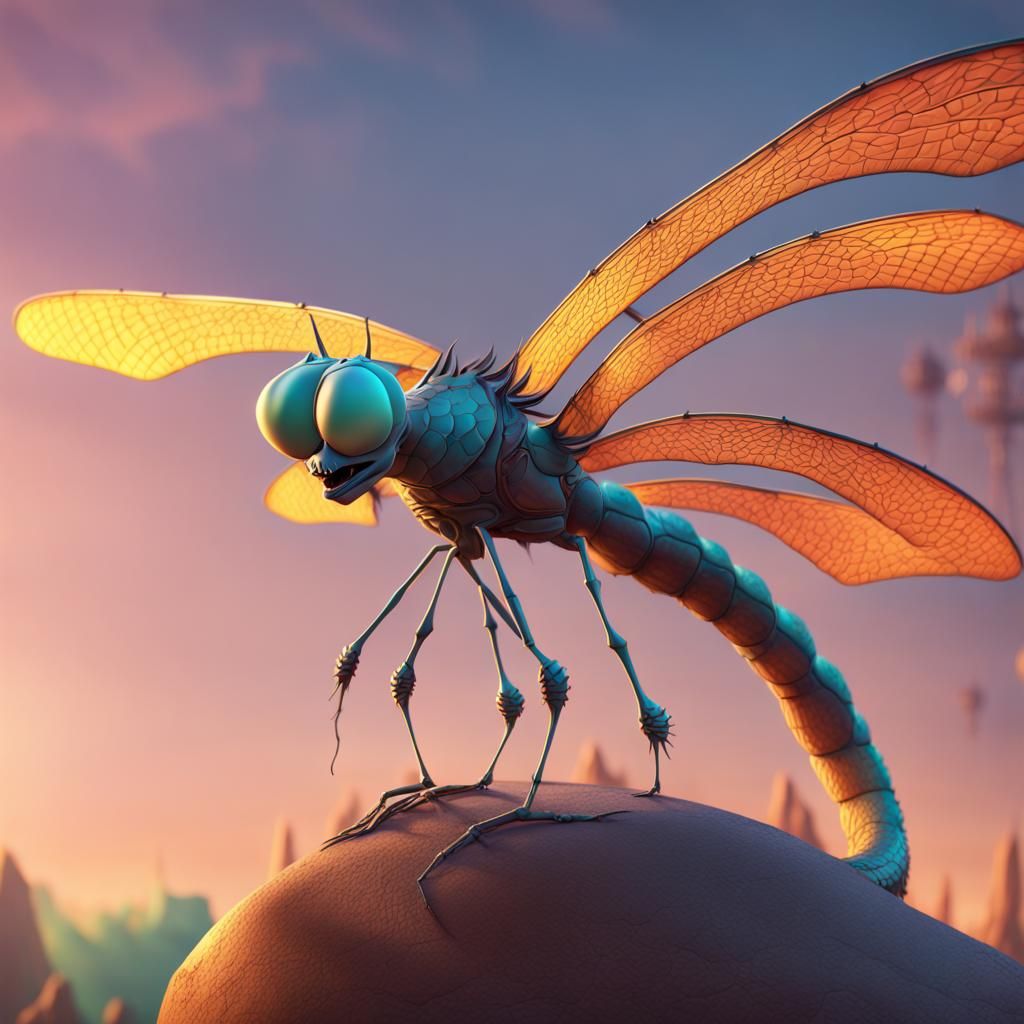Skeletal Dragon-Fly in 3D Digital Art Style