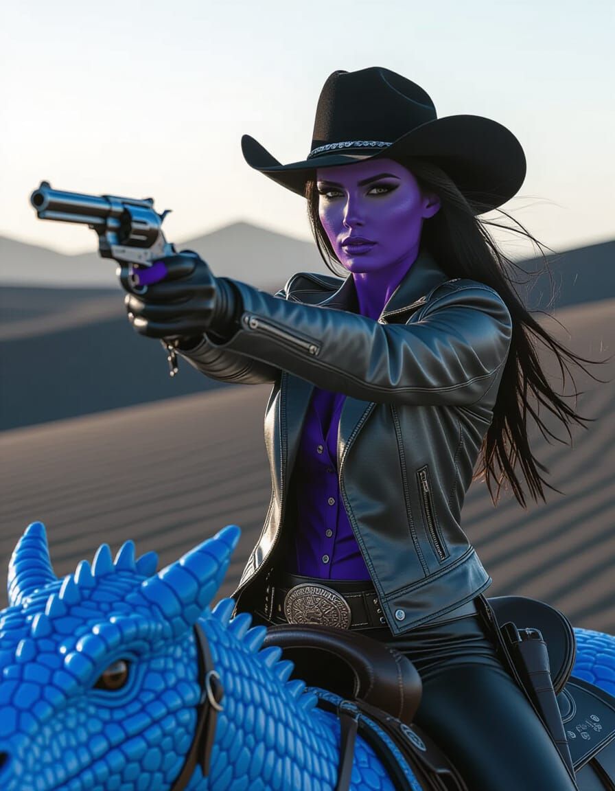 Purple-Skinned Woman Rides Reptile in Western Desert