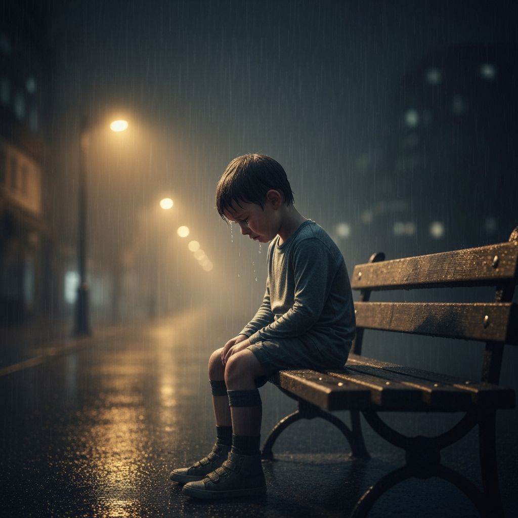 Sorrowful Child Alone on Rainy Night