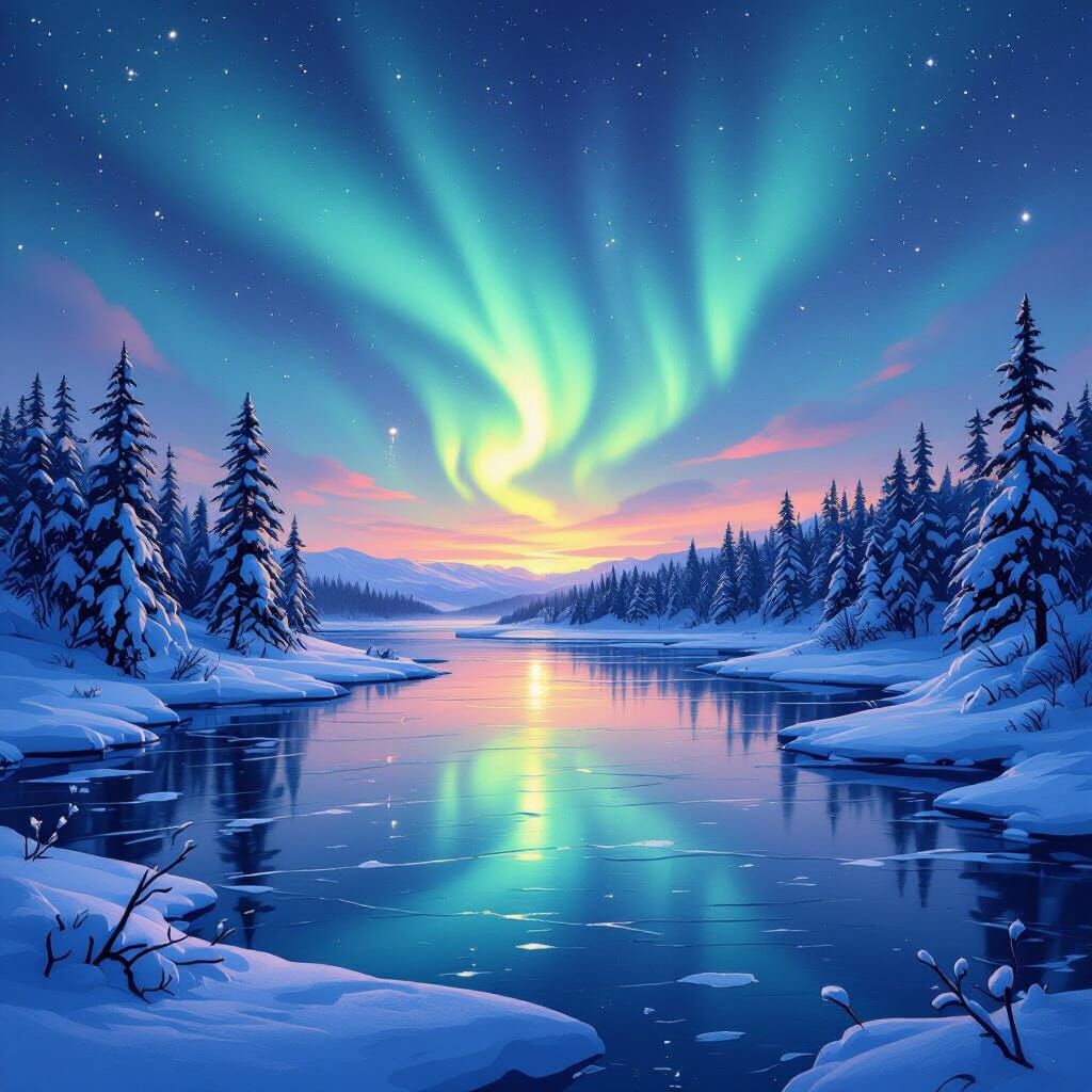 Aurora Borealis Over Frozen Lake in Whimsical Style