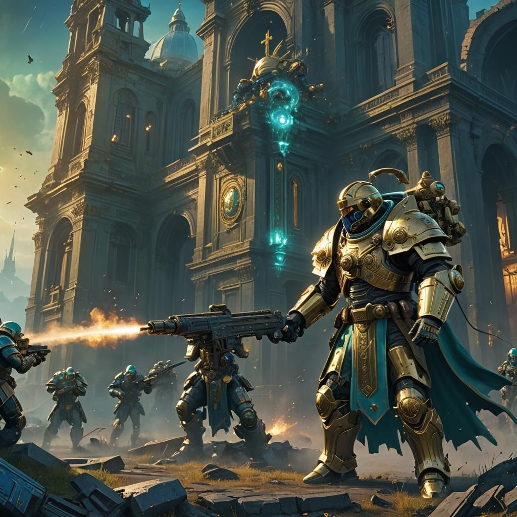 Pope in Golden Armor on Sci-Fi Battlefield