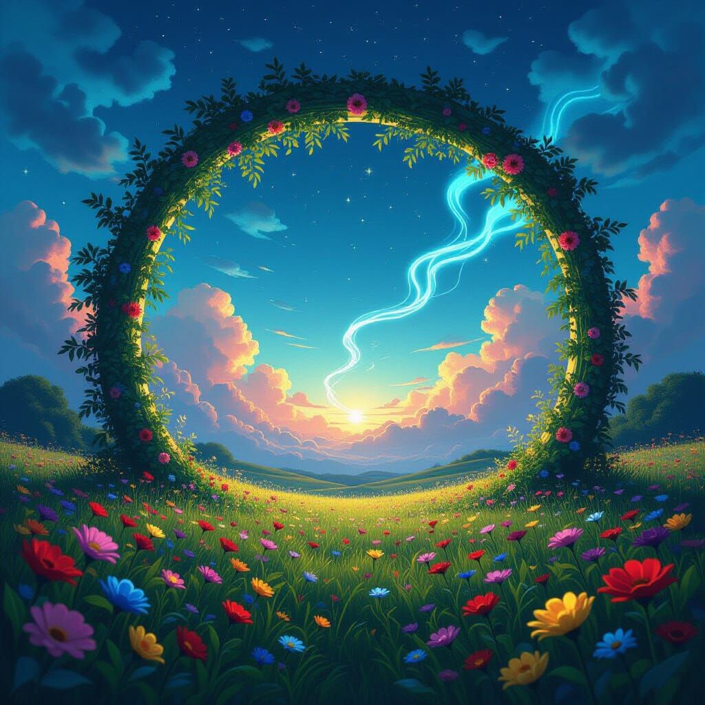 Bioluminescent Sky Portal in a Sunlit Meadow