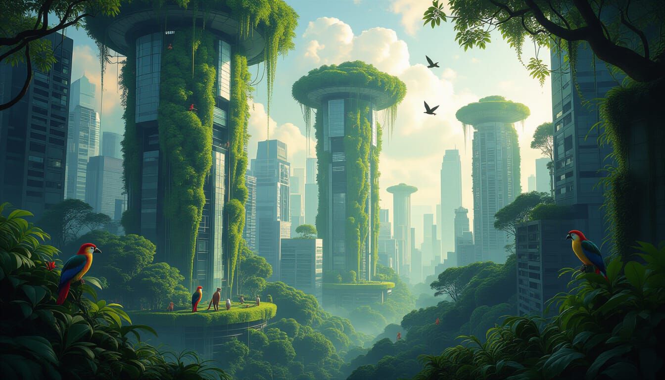 Futuristic City Merged With Lush Jungle Landscape