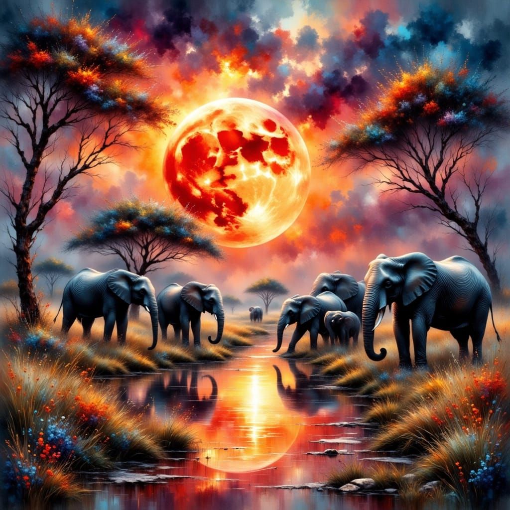 Elephants at a Savannah Pond Under Moonlight as Impressionis...