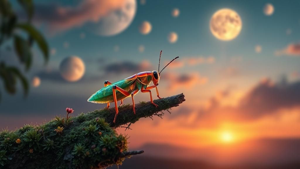 Glass Grasshopper on Alien Branch in Sunset Colors