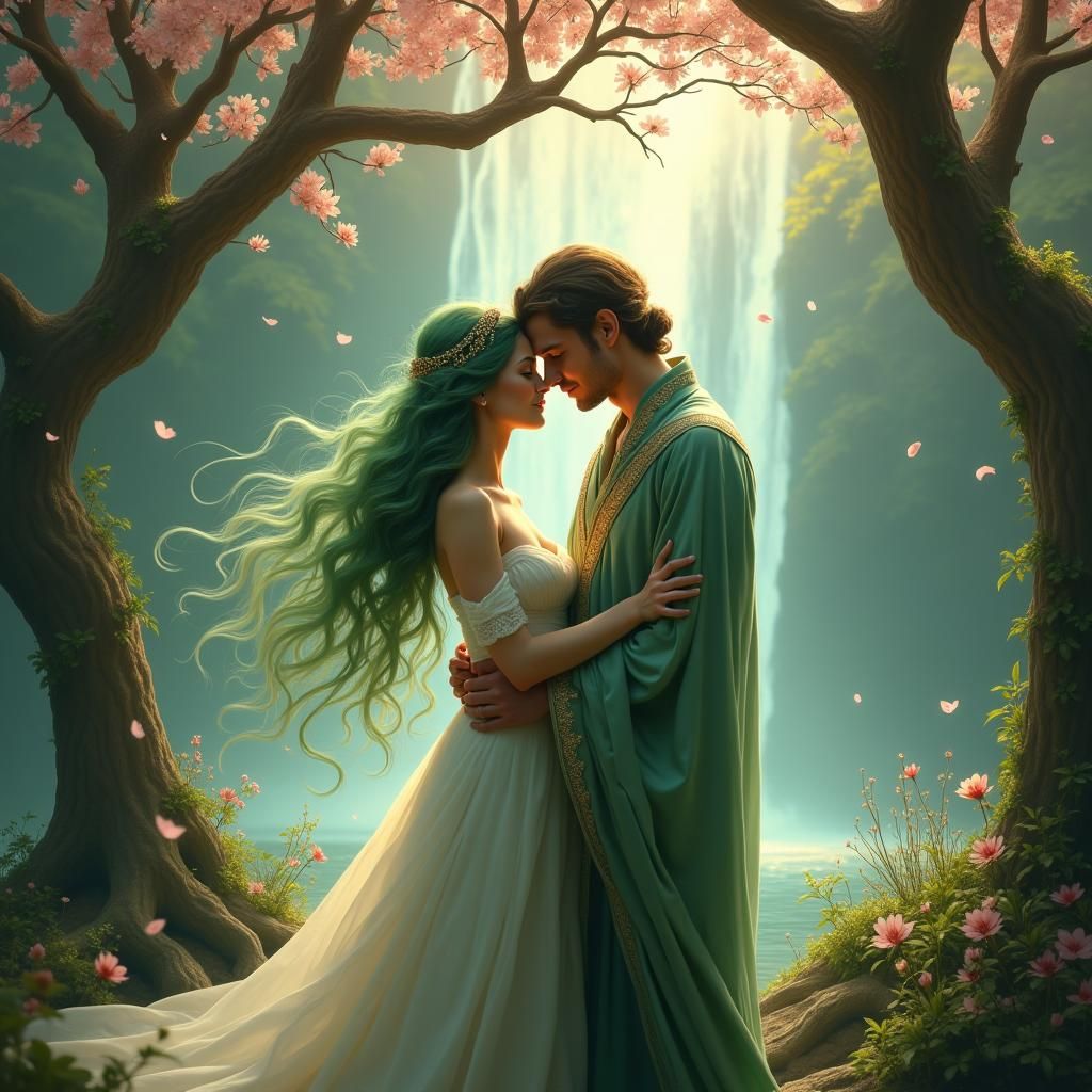 Couple Embrace in Ethereal High-Fantasy Landscape