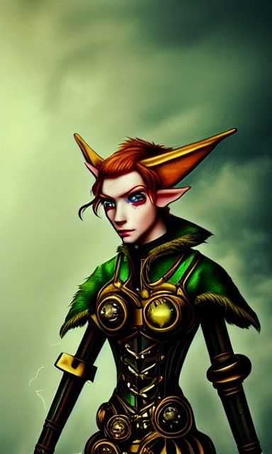 Handsome male elf steampunk cyborg, fine details, determined and fierce, big green eyes and short disheveled ginger hair...