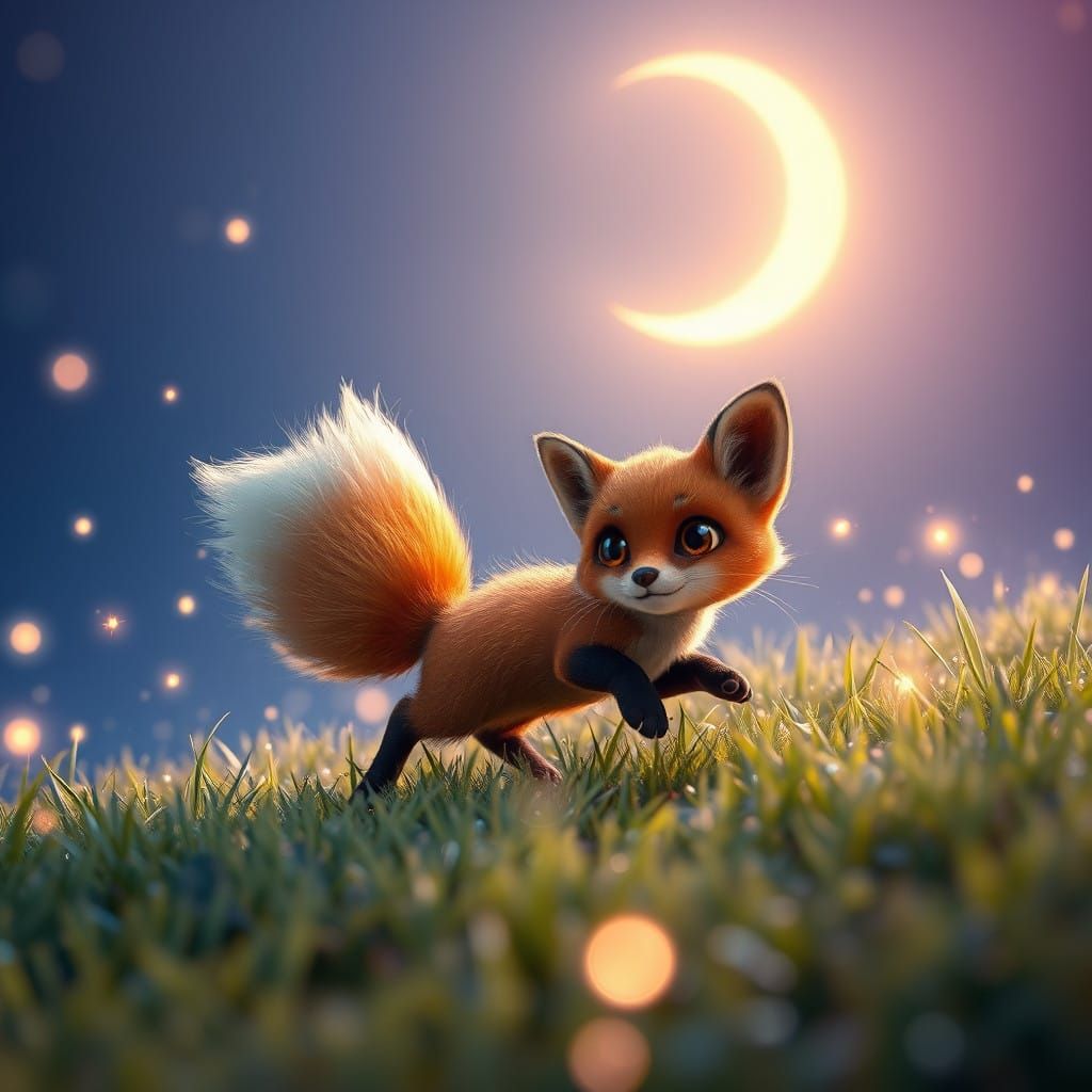 Whimsical Fox Chases Fireflies Under Crescent Moon