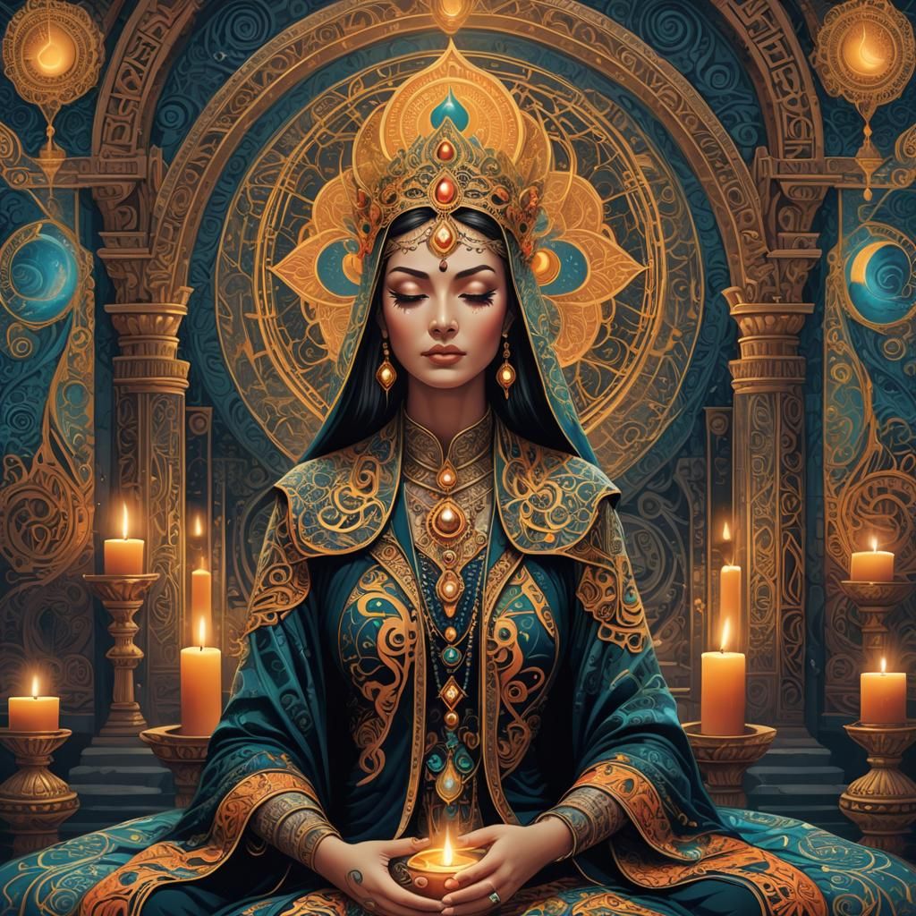 High Priestess Meditates in Ornate Temple with Face Tattoos
