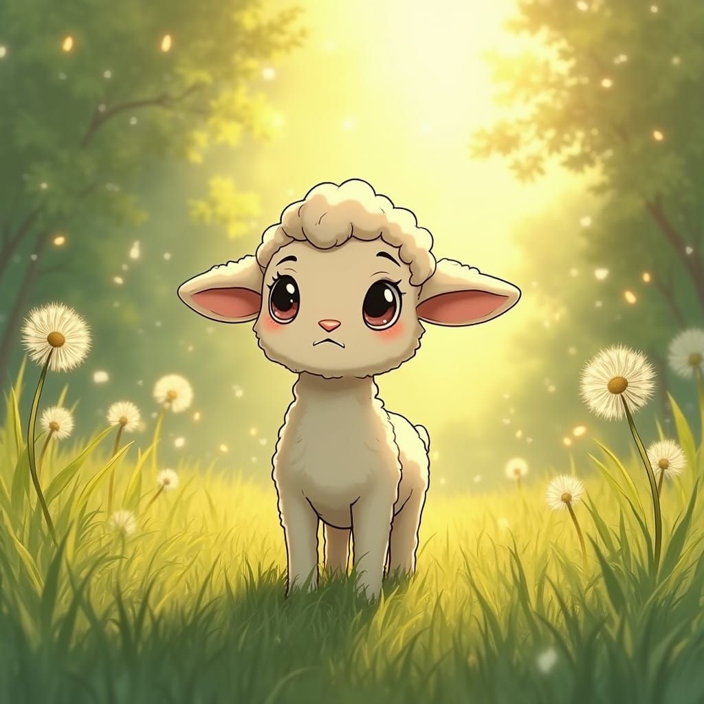 Nervous Lamb in Meadow, Watercolor Animation Style