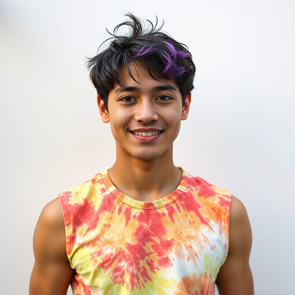 Youthful Asian Man Smiling with Colorful Banner in 8K Realis...