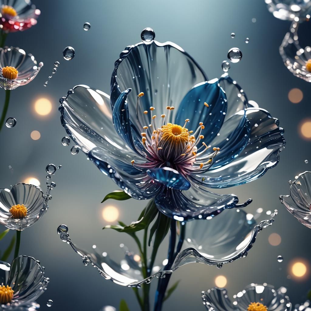 Glass Flower in Water Drop with Magical Radiance