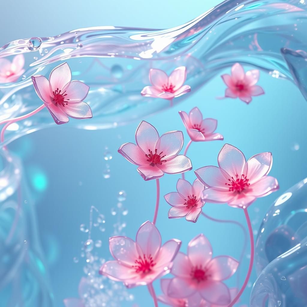 Ethereal Glass Flowers and Waterfall in 8K