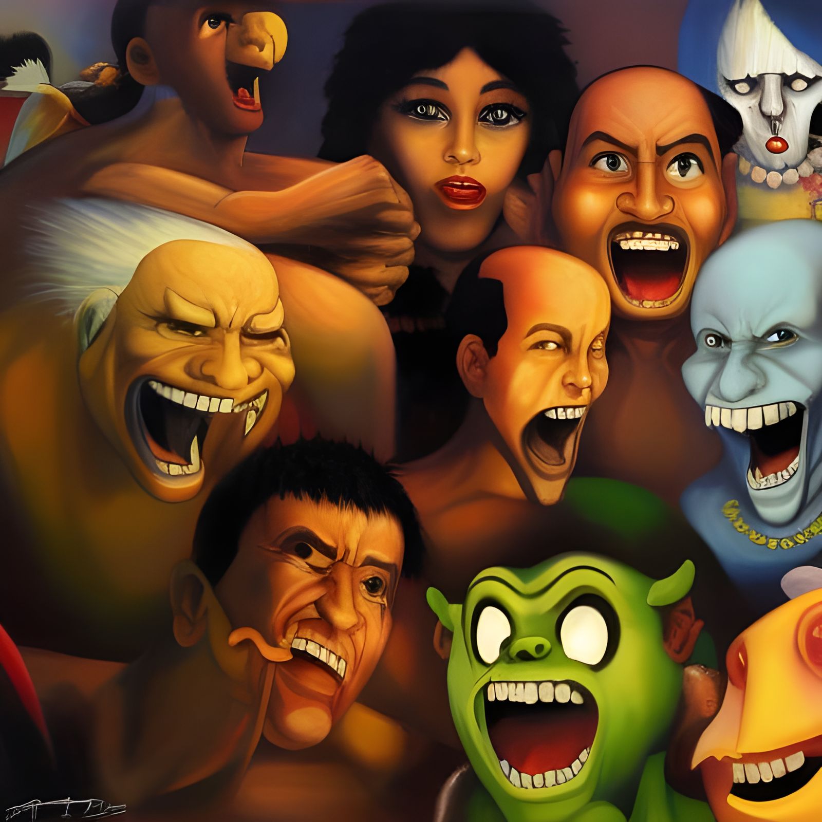 Grotesque Cartoon Characters in Oil Painting Style