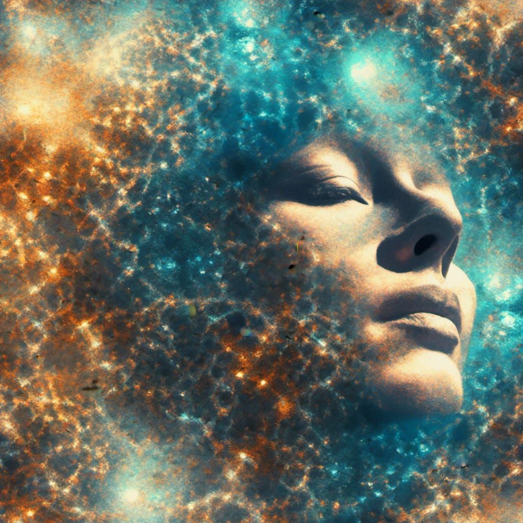Meditative Woman in Double Exposure Cosmic Space