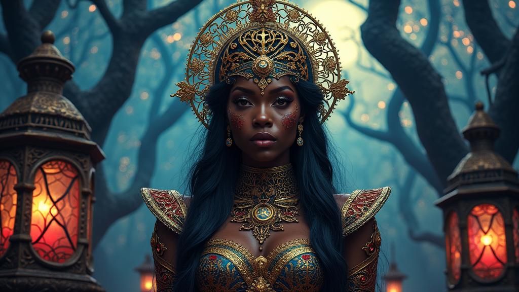 Regal Woman in Ornate Armor in Mystical Forest