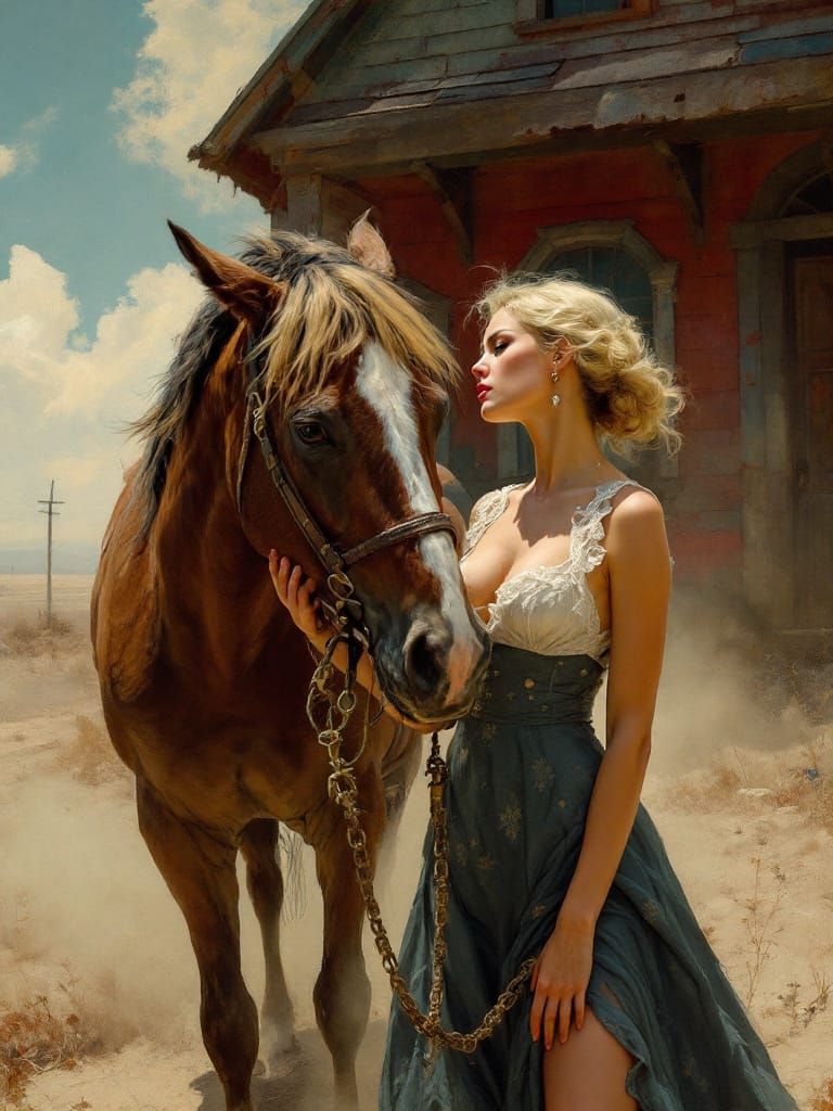 Old Porch Scene with Horse and Woman, Dramatic Lighting